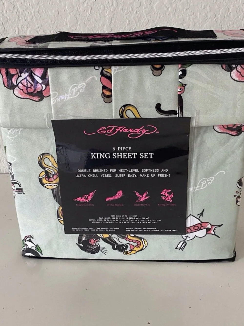 6 Piece Ed Hardy KING Size Sheet Set Green Logo Panther Snake Hearts Roses NEW
